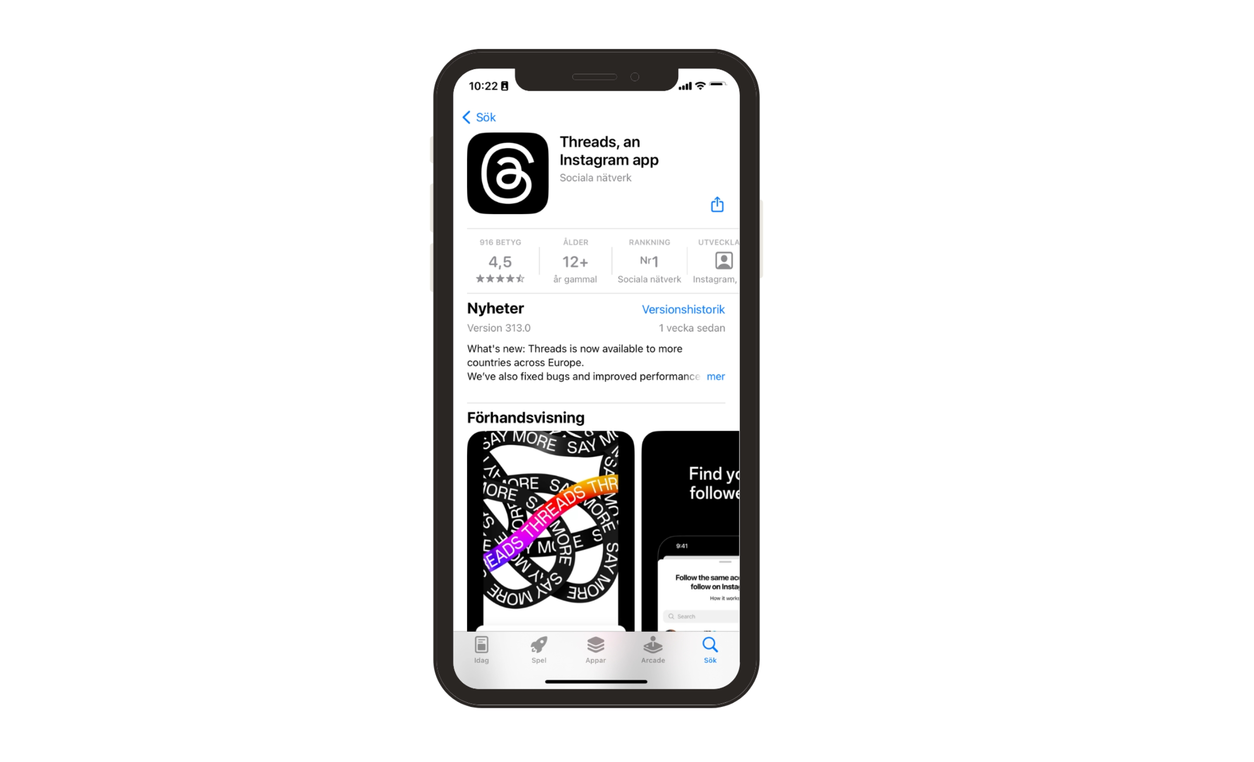 Iphone med skärmdump över Threads nedladdning i AppStore.